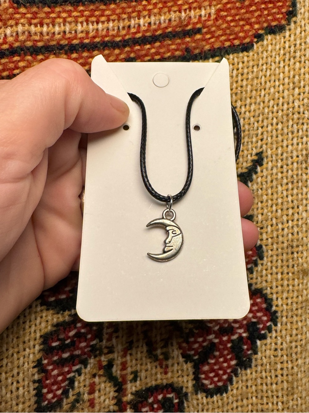 Crescent Moon Pendant Necklace in Silver on Black Cord
